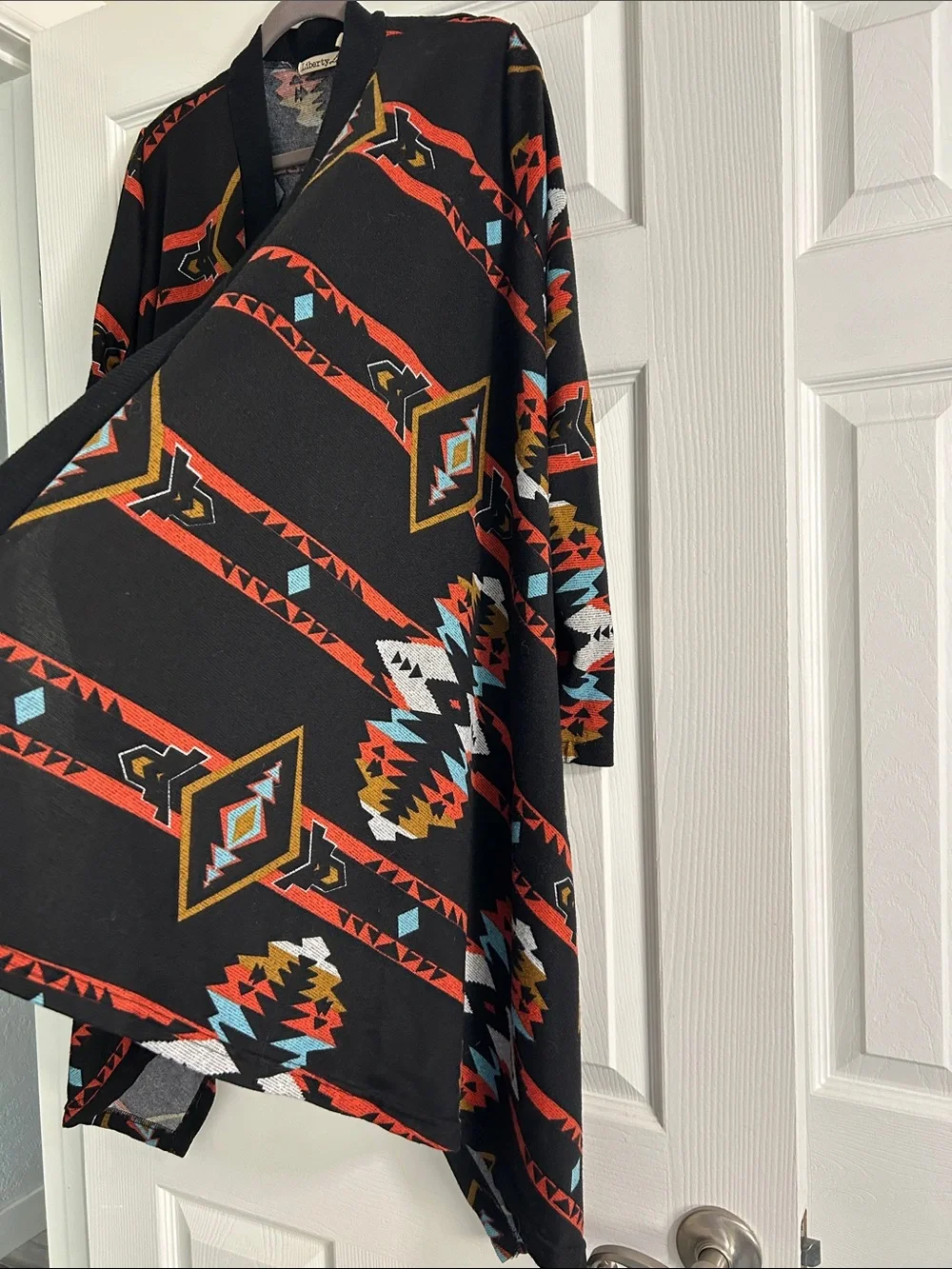 Liberty Love Southwestern Aztec Print Waterfall Cardigan Black Large
